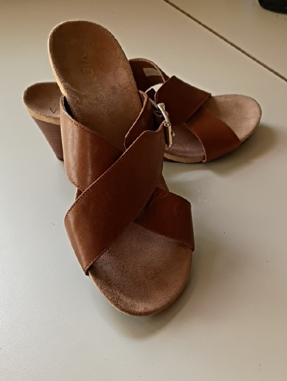 Vionic Tan Leather Cross-Strap Wedge Sandals with Buckle - Picture 2 of 6